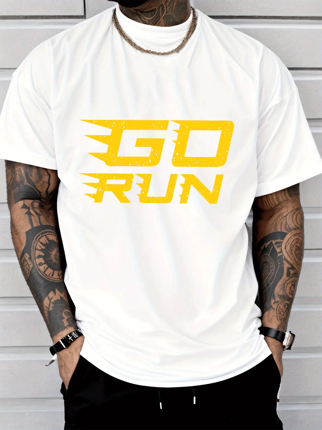 Male Black Round Neck T Shirt Grunge Jagged Yellow Go Run Typography Inspirational Jogging Workout Daily Soft Cotton Tees