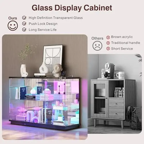 High Gloss Glass Display Cabinet with Lock & LED Light for Toys, White | Curio Cabinet with Human Body Sensor & Glass view 5
