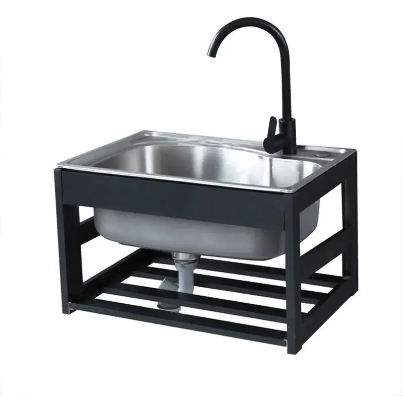High-End Fabricated Outdoor Free Standing Stainless Steel 304 Thicken Wash Basin Kitchen Sink with Aluminium Alloy Bracket