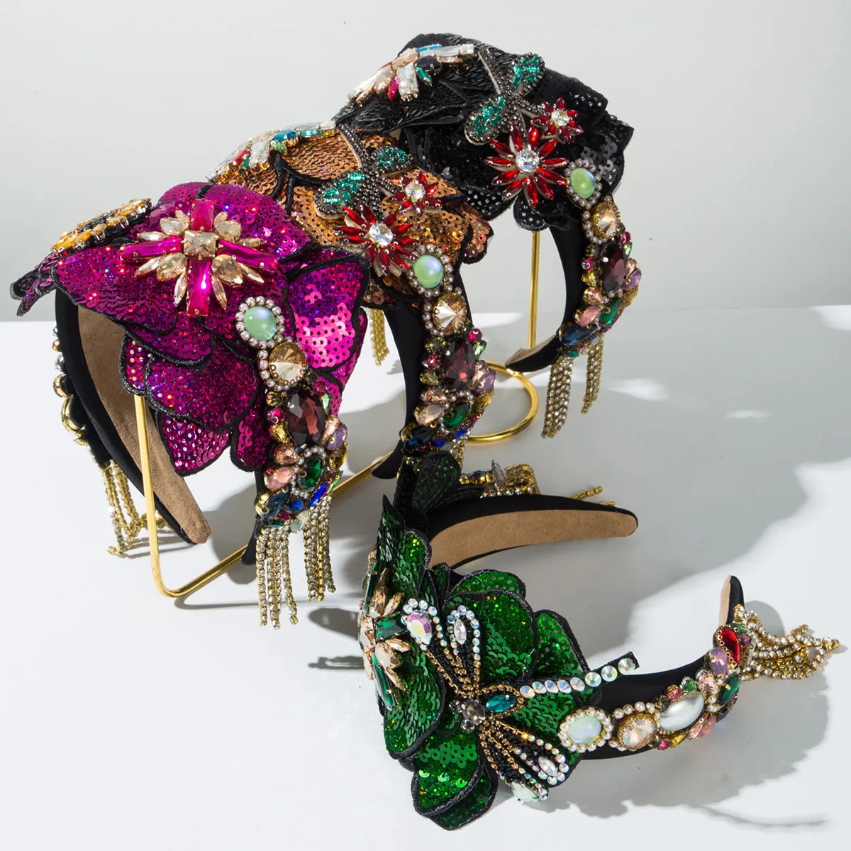 

European and American Retro Luxury Heavy Sequin Flower Dragonfly Tassel Sponge Headband Shiny Gorgeous Party Hair Accessory