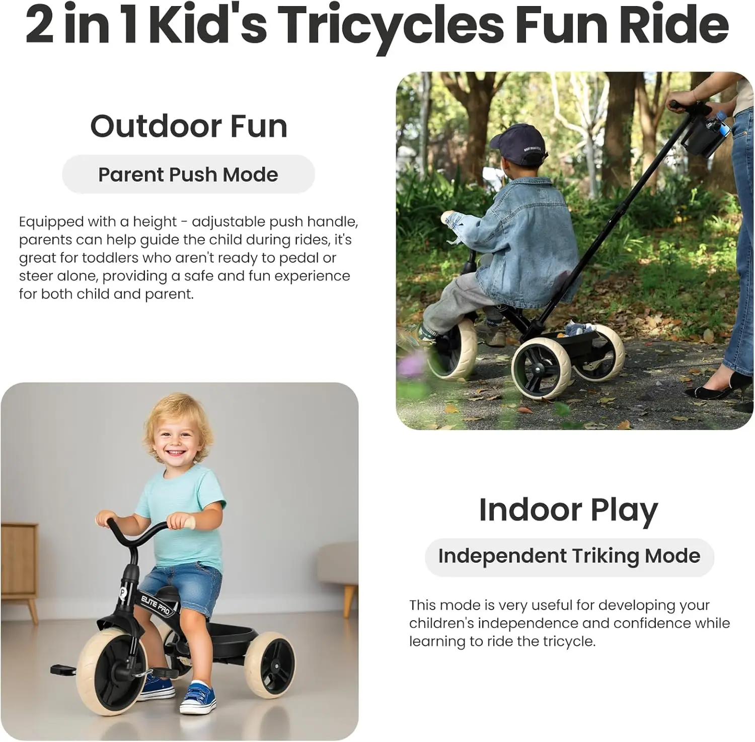 Triciclos infantis para crianças de 2 a 6 anos-2 em 1 Triciclos infantis com alças ajustáveis e removíveis, bicicleta push com brinquedo sto