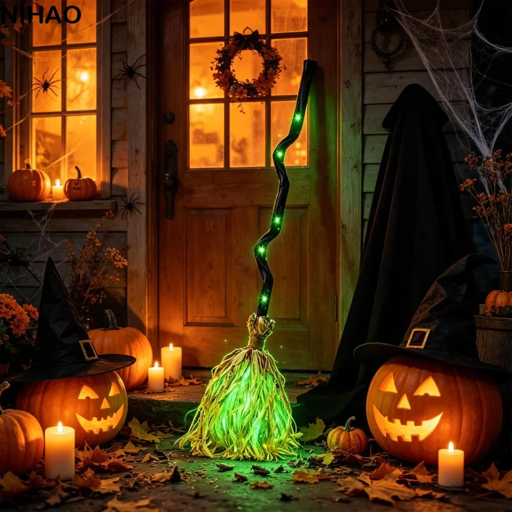 Glowing Animated Dancing Witch Broom Bendable Stick Movable Halloween Magic Witch Broomstick with Sounds Walking Feet