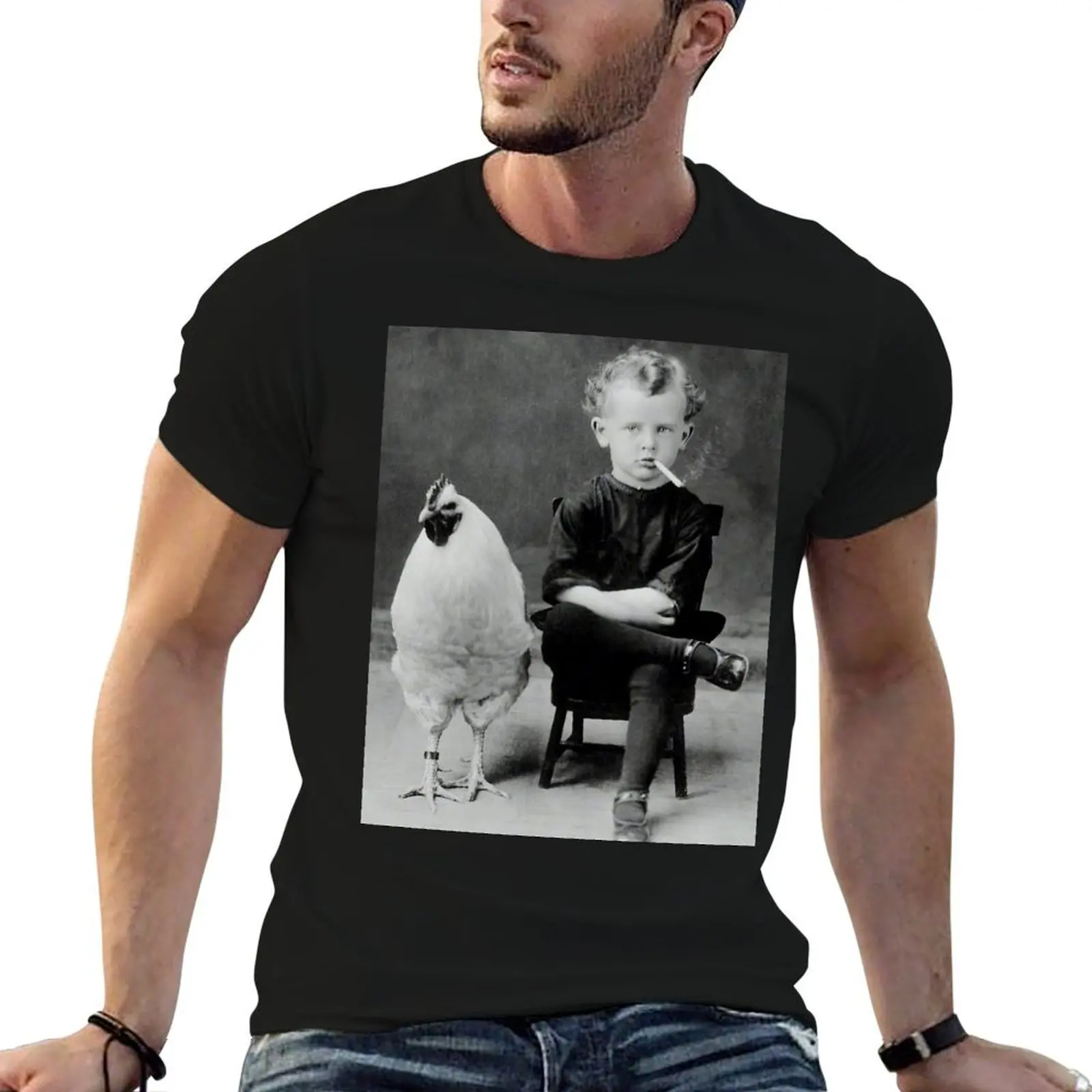 Boy With Chicken Rooster Smoking Cigarette T-Shirt summer 2026 oversized t shirts for men cotton