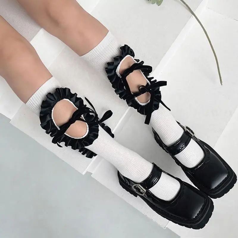 

195E Women Ribbed Calf Socks Hollow Out Hole Ruffled Lace-Up Bow Stockings