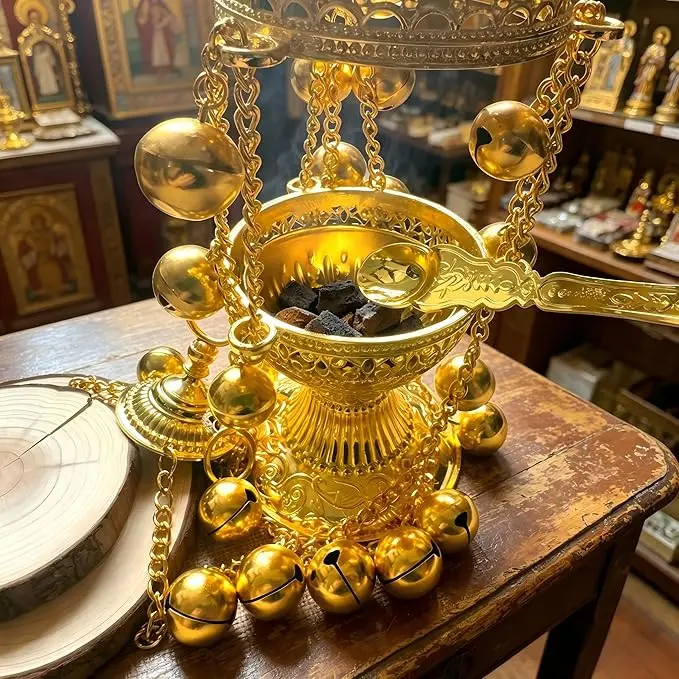 New Gold Plated Catholic Orthodox Hanging Incense Burner with 24 Bells Enamel for Church Liturgy Home Altar Prayer Gift Decor