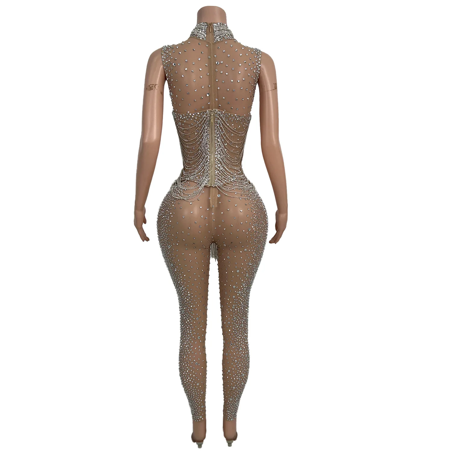 Fengshenku Sleeveless Jumpsuit Skin Tone Mesh Transparent Tight Pants Luxury Light Bar Dancers Celebrity Performance Costume