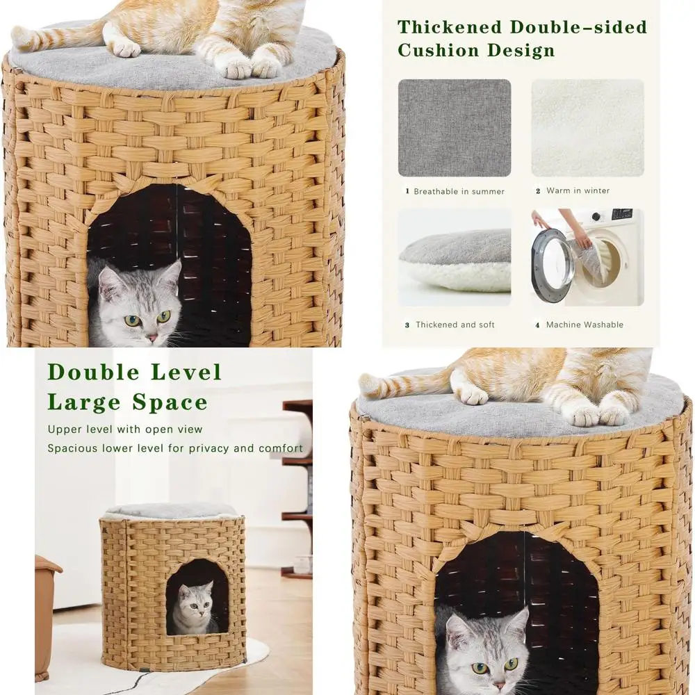 

Складной домик для кошек, двойной, ручной работы из ротанга, с мягкой подушкой, 17 x 17 x 17, укрытие для кошек в гостиной, натуральный