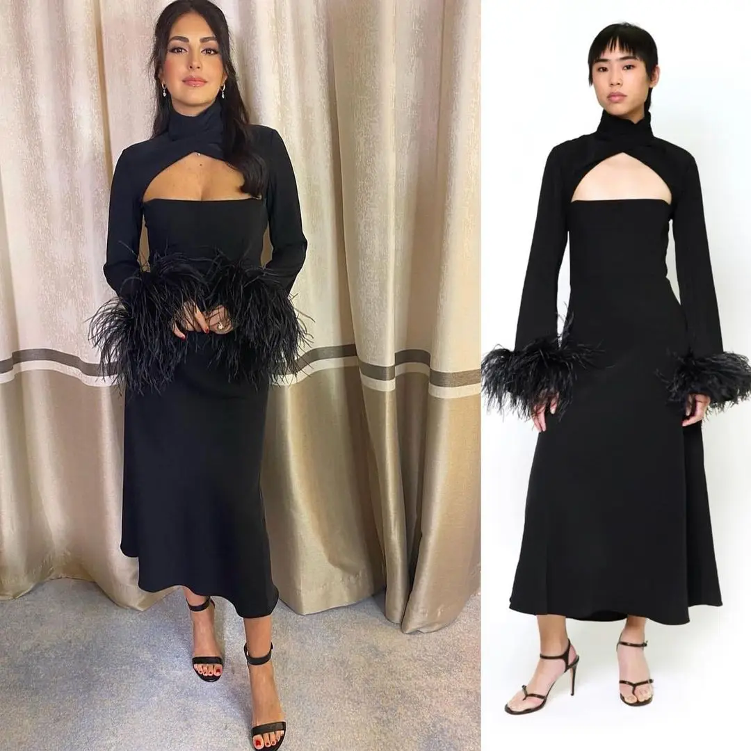 Europe High Neck Prom Dresses Cut-Out Evening Dresses Feathers Long Sleeves Formal Women Occasion Party Dress Vestidos De