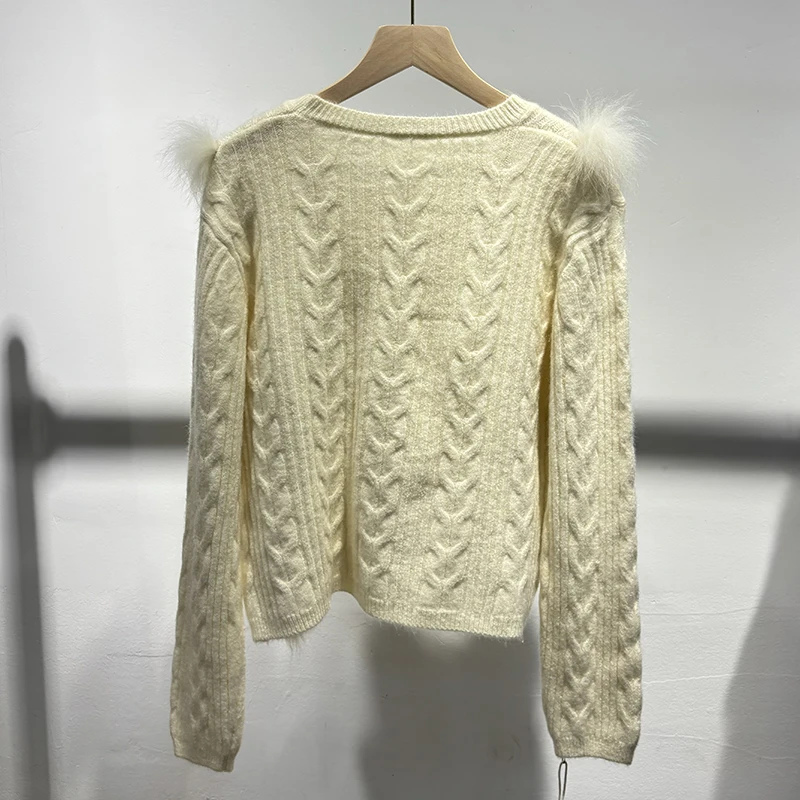 2025 femmes automne chameau classique Streetwear col rond naturel fourrure de renard blanc pull tricoté manteau