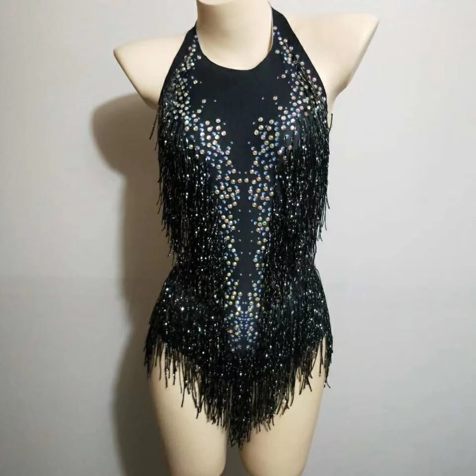 Women Sparkly Rhinestone Fringes Bodysuit Nightclub Outfit Glisten Beads Dance Costume One-piece Latin Wear Singer Stage Leotard