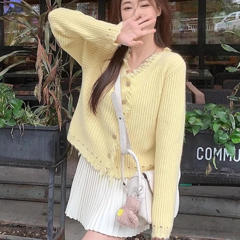 여성용 브이넥 가디건 젊은 소녀 캐주얼 한국 스타일 솔리드 봄 가을 올매치 대학 스타일 편안하고 인기 있는