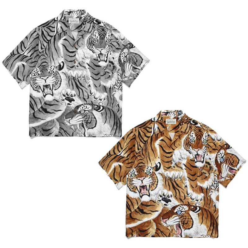 WACKO MARIA Camisa de manga curta para homens e mulheres, estampa tigre vintage, alta qualidade, pescoço cubano 1:1, casual solto