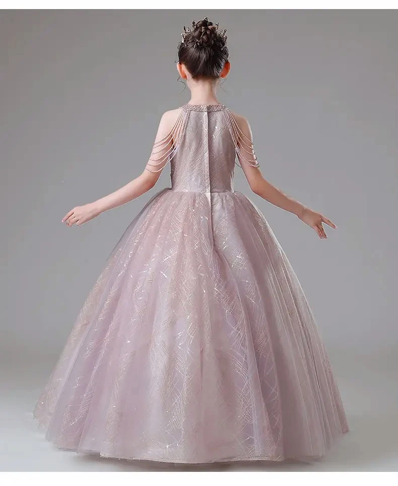 Children Birthday Party Elegant Tulle Long Dresses School Evening Gala Kids Host Fashion Gowns Christening Costumes 12-14 Years