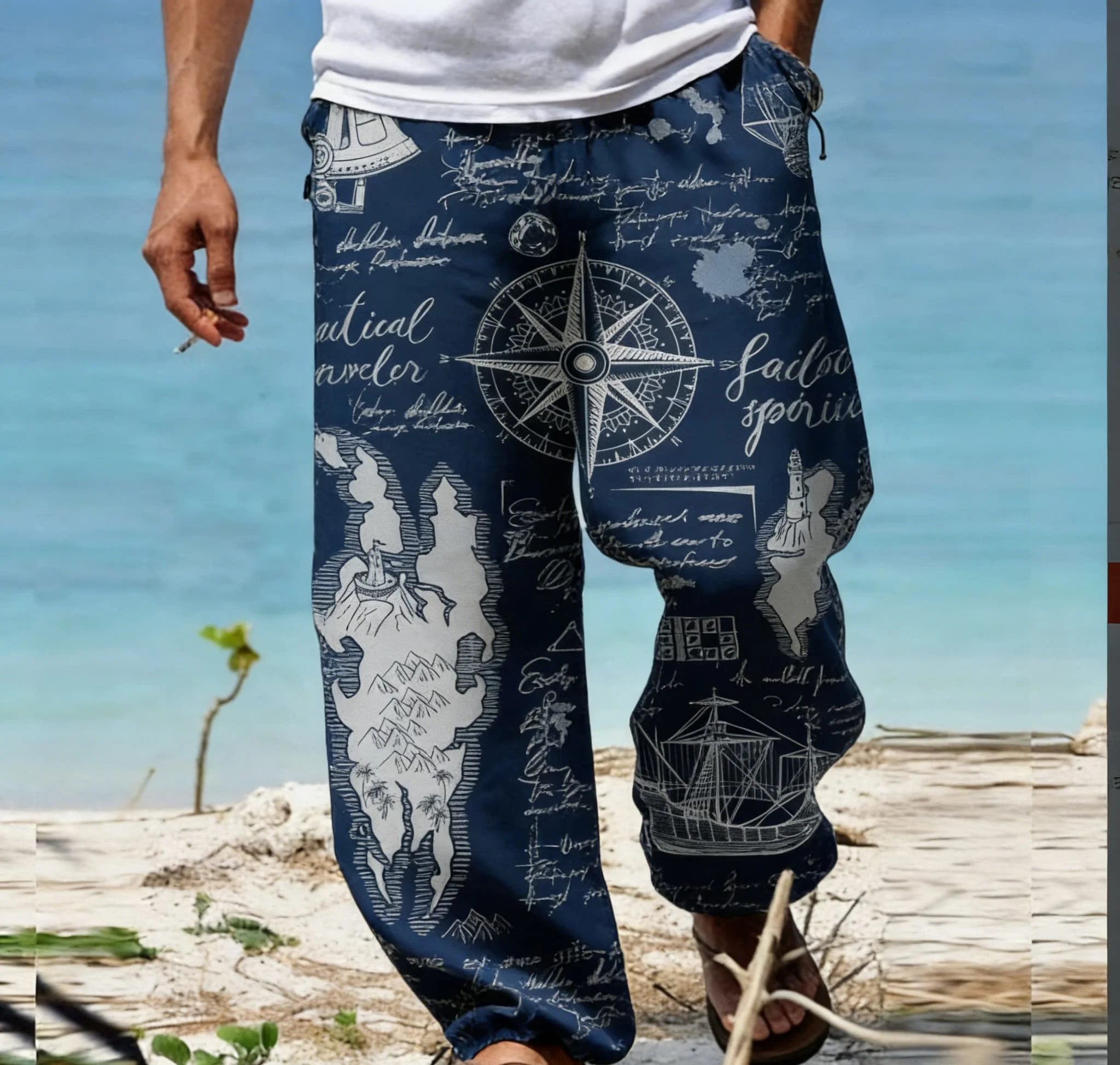 

Men's Summer Long Pants, Thin, Quick-Drying, Nautical Compass Style, Wide-Leg Pants, Beach Vacation Style