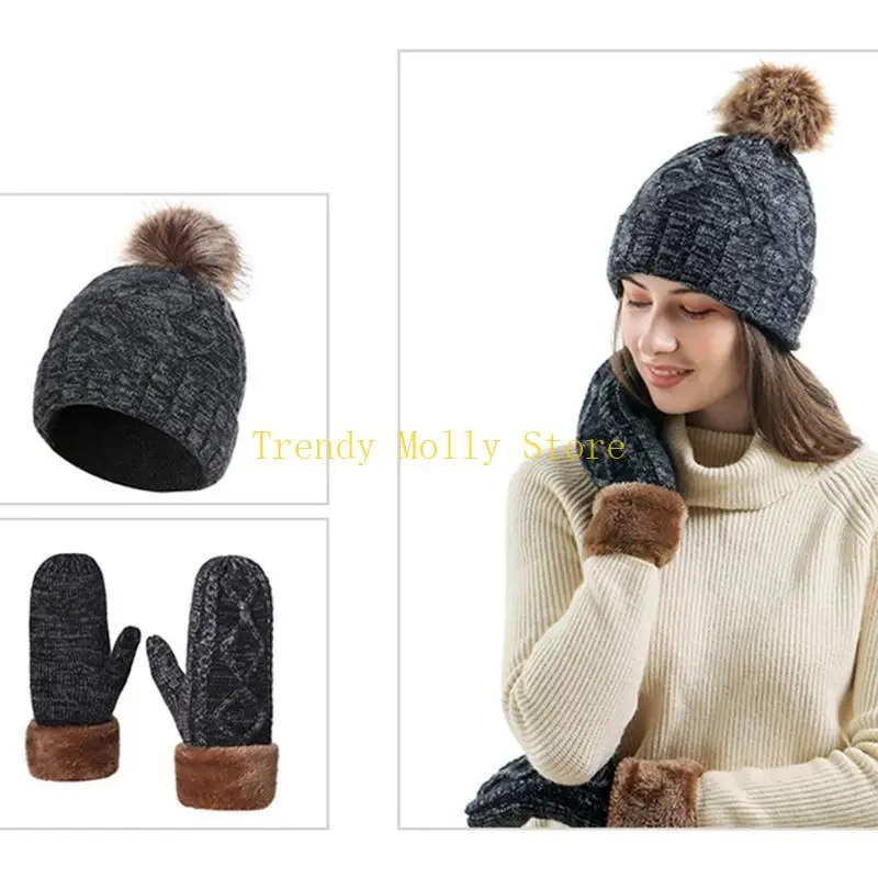 N5KB 2 stuks vrouwen winterkabel gebreide beanie hoed met volle vingerhandschoenen wanten Zet dikke thermische pluche gevoerde
