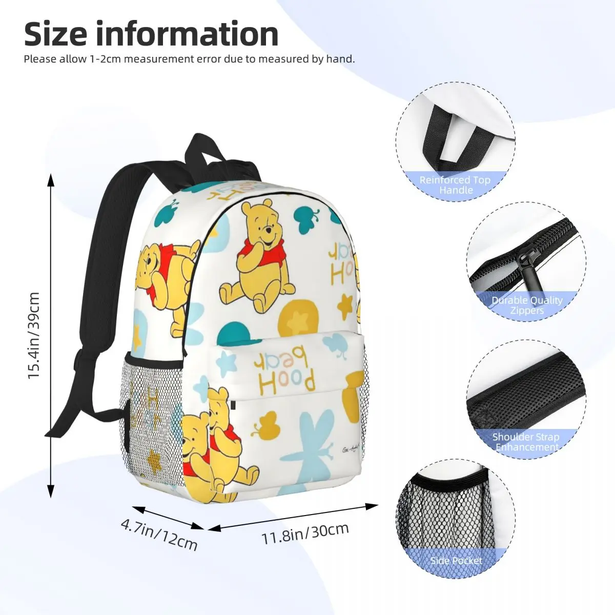 Pooh Urso Mochila para Meninos e Meninas, Mochila Estudantil de Grande Capacidade, Leve, Impermeável, 15 Polegada