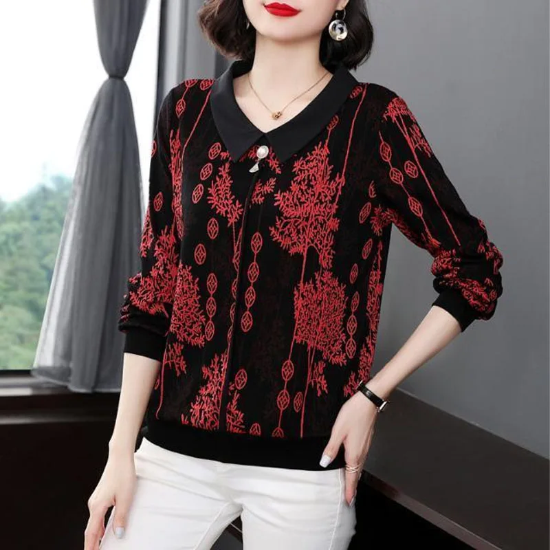 Spring Fashion Contrasting Colors Printing T-shirt Women\'s Clothing Long Sleeve Vintage Turn-down Collar Beading Tops Female