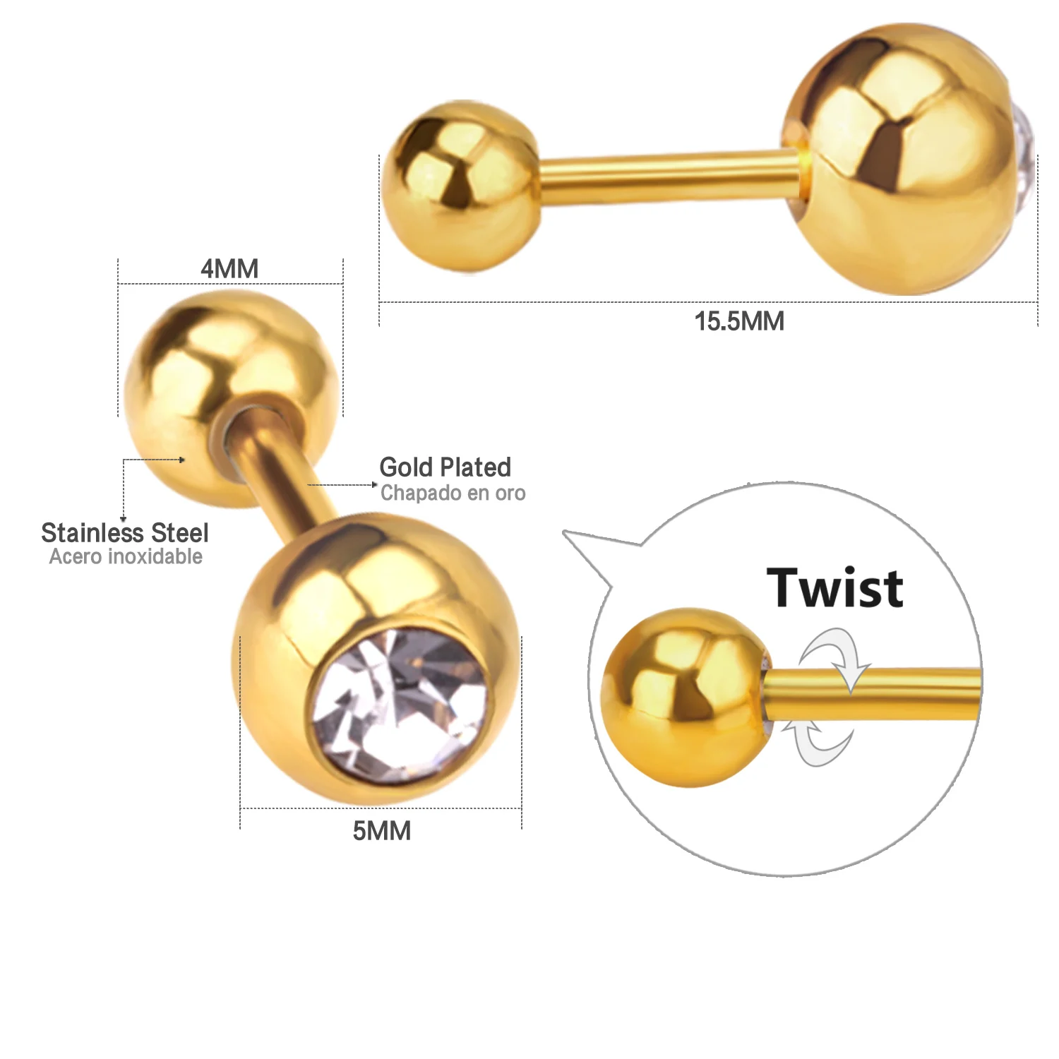 LUXUSTEEL White Black Crystal Earrings For Women Men Golden Color Stainless Steel Round CZ Studs Anti-allergy Screw Back Aretes