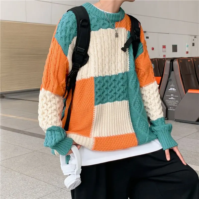 American Retro Patchwork Pullovers Knitted Autumn Winter O-Neck Men\'s Clothing Casual Loose Fashion Contrasting Colors Sweaters