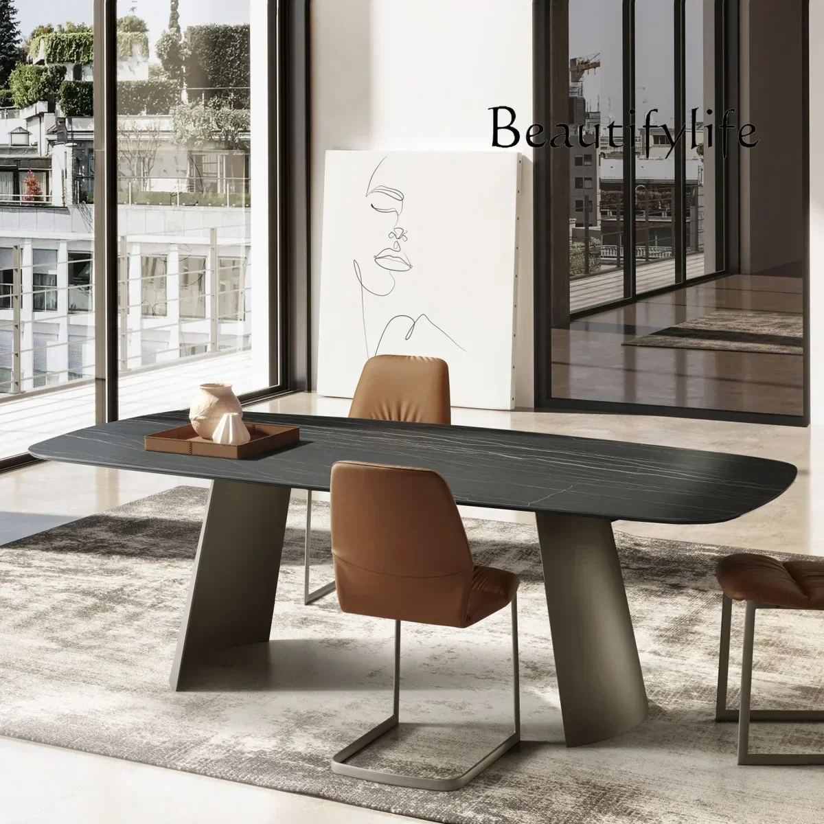 minimalist style black and gold rock slab dining table Italian minimalist modern high-end restaurant villa long dining table
