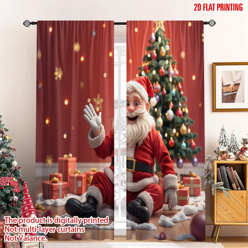 

2pcs 2D flat printing Merry Christmas Curtain Santa Christmas Tree Gifts Polyester Without Electricity Festive Curtains Perfect