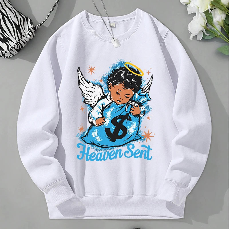 Heaven Sent Manga Angel Print Men Sweatshirts Casual O-Neck Sweatshirt Hip Hop Street Pullover Autumn Warm Fleece Clothing Male