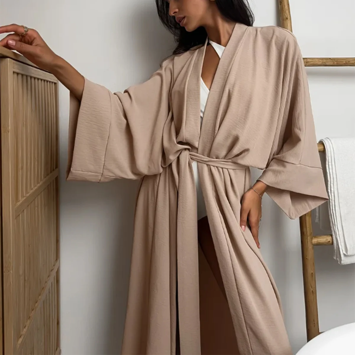 luxurious ladies dressing gowns Lady Maxi Robe Women Elegant V Neck Wide Sleeve Belted Loose Fit Luxury Loungewear Gown Night Bathrobe Lounge Cover Up luxury bathrobe