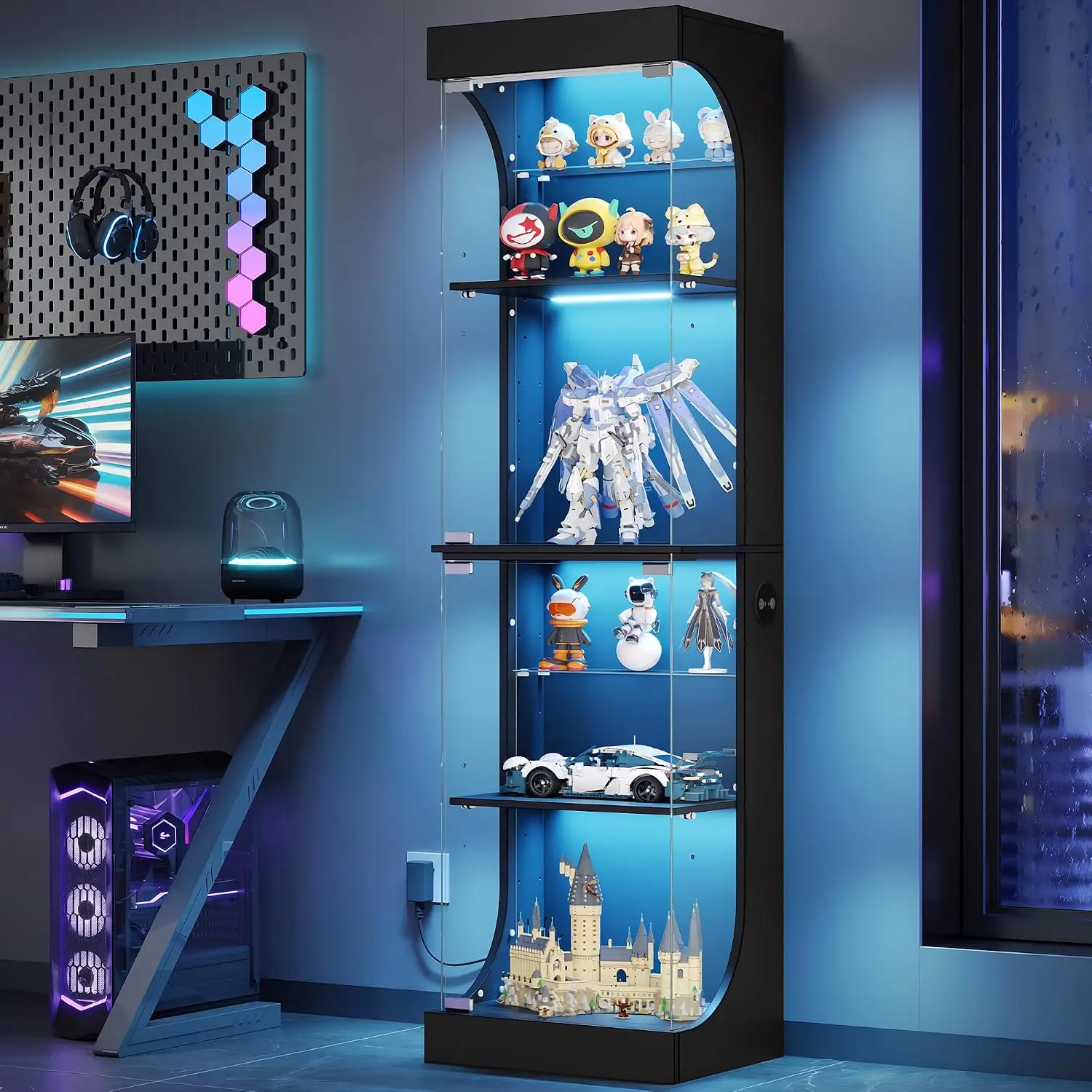 4 Tier Glass Display Cabinet RGB Lights Black Curio Showcase Adjustable Glass Human Body Sensor Press Open Doors Storage Collect
