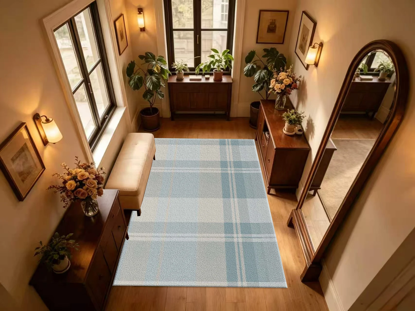 Light Blue Beige Plaid Tartan Carpet Flooring Classic Checkered Seamless Pattern Floor Rug Simple Home Indoor Decoration Mat