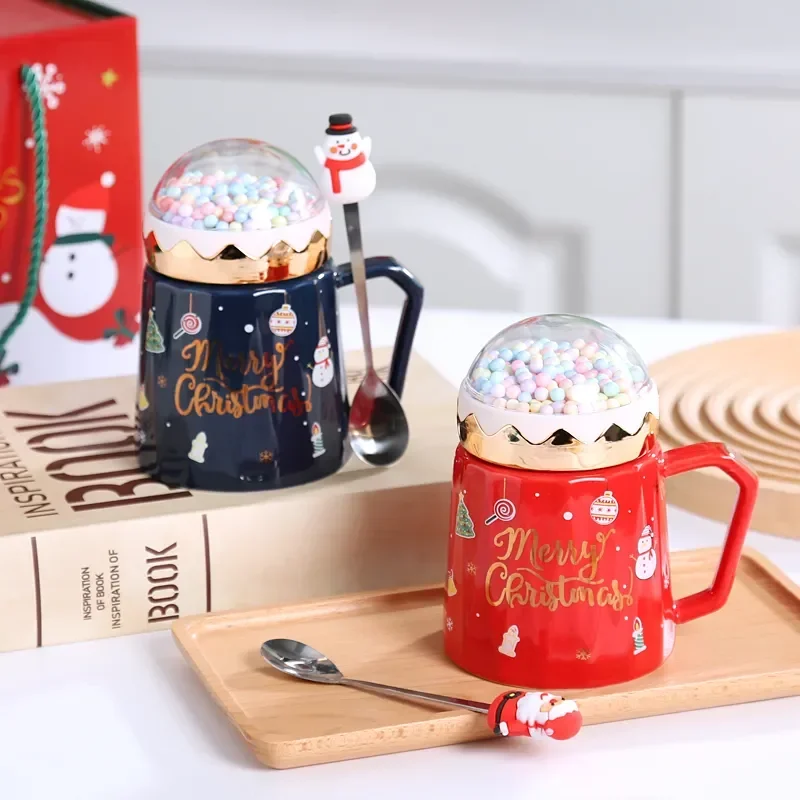 Christmas Mugs with Lid and Santa Claus Spoon Creative Planet Ceramic Cup Xmas Gift Coffee Cup Milk Cup Drinking for Home Office