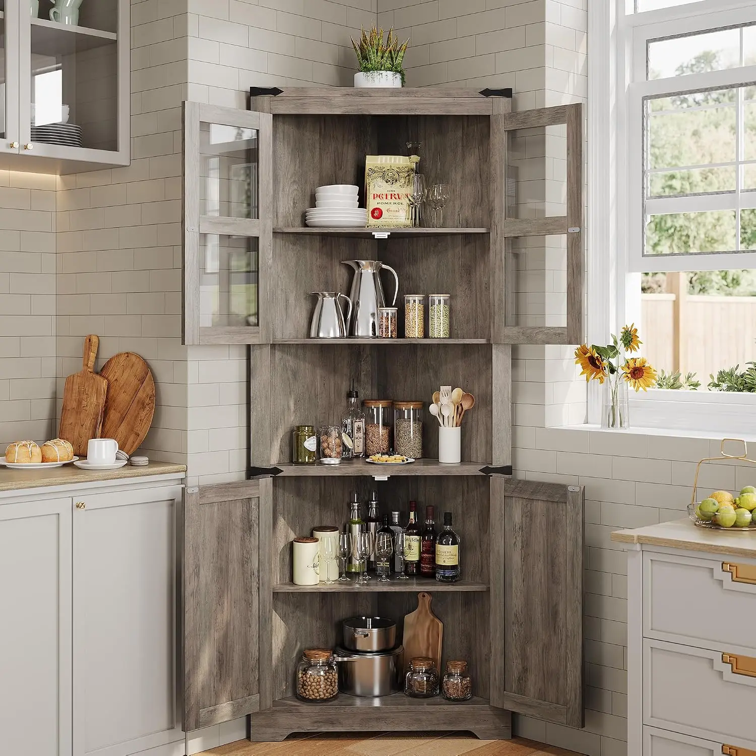 Tall Corner Storage Cabinet with Lights, Farmhouse Hutch Display, Glass Doors, Wood Organizer for Kitchen Living Room, Washed Grey view 4