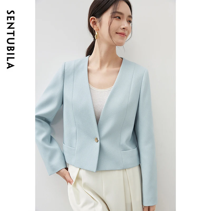 SENTUBILA Elegant Straight Jacket Women 2024 Fall Solid Simple V Neck Single Button Long Sleeve Cropped Female Clothes 143W56517