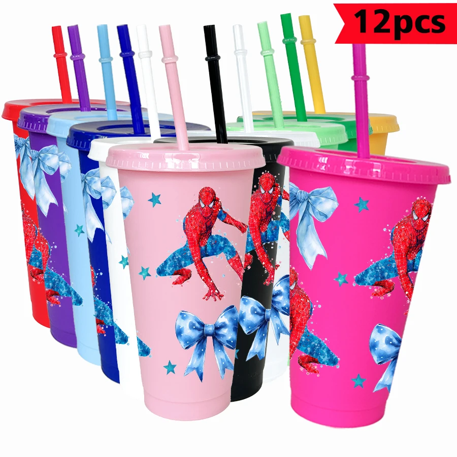 

12pcs/pack Disney Spider-Man Bow 26oz Multicolor Plastic Water Cup Party Drinkware Birthday/Back to School Gift