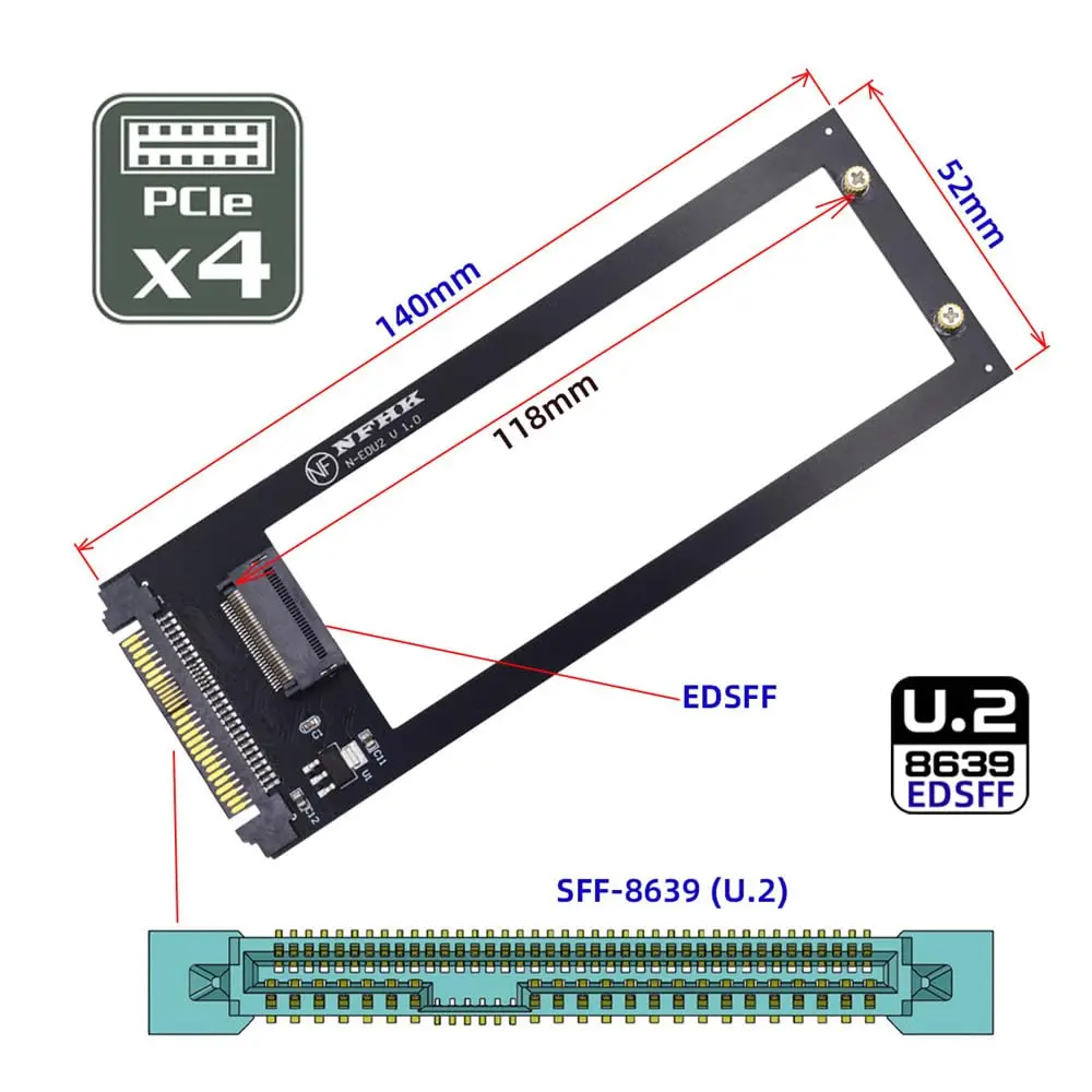 NVMe EDSFF GEN-Z E1.S SSD to U.2 SFF-8639 Host Adapter for 9.5mm/15mm/25mm EDSFF 1U Short SSD
