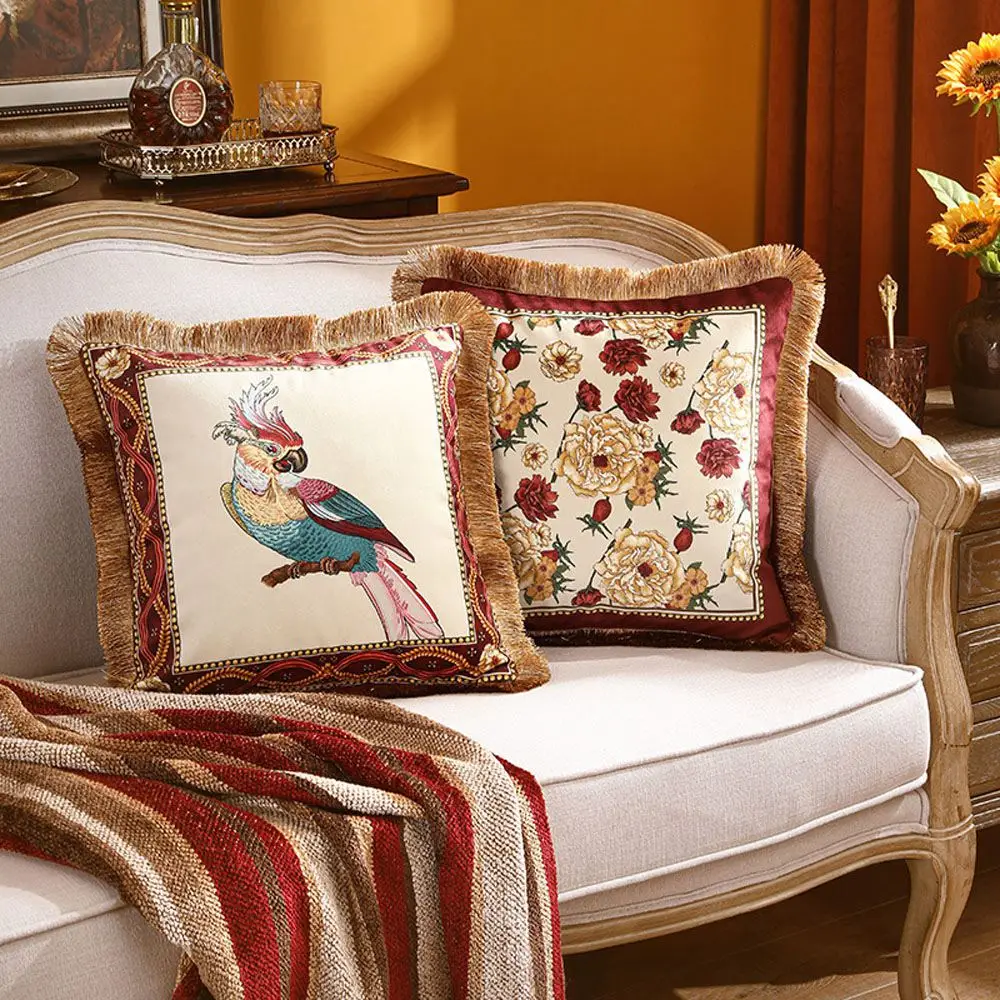 

Tassel Soft Velvet Cushion Cover Home Decorative Pillow Case Artistic Modern Luxury Parrot Flora Sofa Chair Bedding