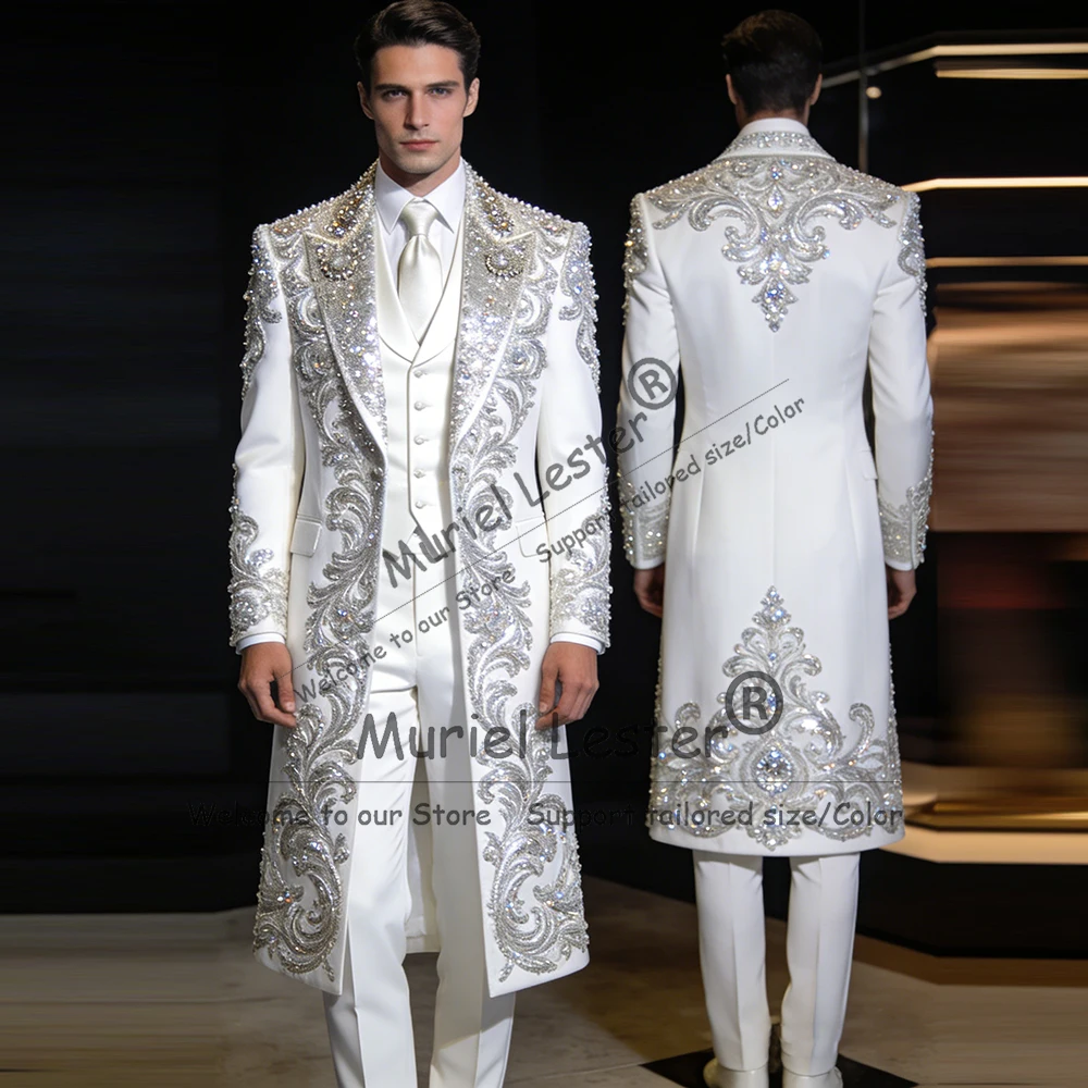 

Brilliant Crystals Beading Men Suit Long Sequins Lapel Groom Blazers Outfits 3 Piece Set Wedding Tuxedos Customized Ropa Hombre