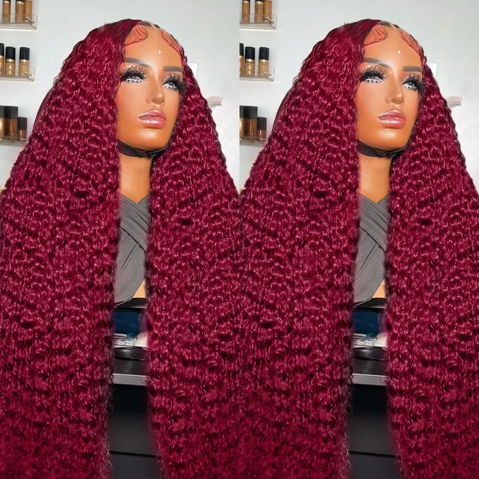 Perruque Deep Wave pré-plumée bordeaux 99J, 100% cheveux humains, perruques Lace Frmeds, 13x4, 13x6, densité 200%, 16-36 po