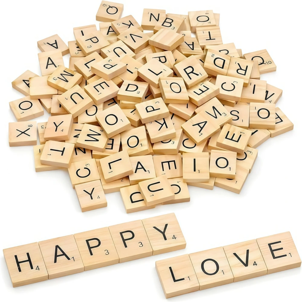 100 Piezas de Letras de Madera para Scrabble, Manualidades, Decoración, Regalos, Posavasos con Letras del Alfabeto, Juego de Palabras Cruzadas, Fichas de Letras de Madera