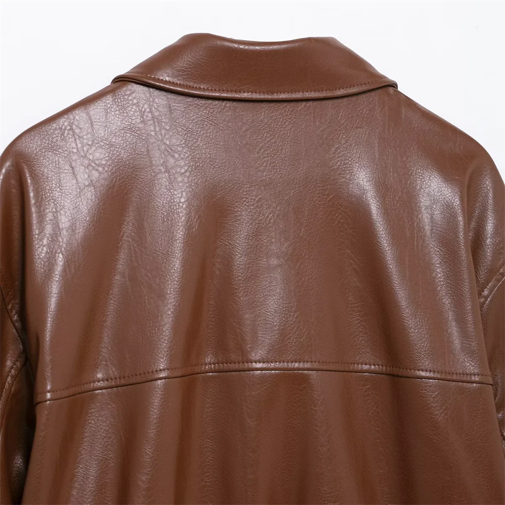 2025 RARA Women's Stylish Lapel - collar Zippered Faux Leather Jacket in Rich Brown for an Edgy Fashion Statement