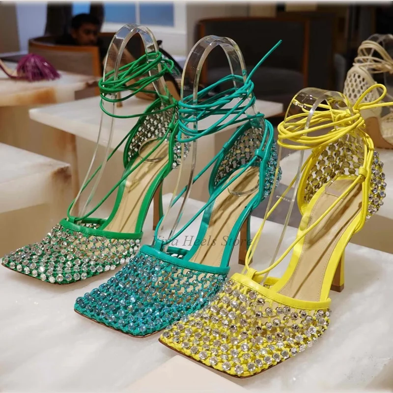 Square Toe Mesh Dimaond Lace up Sandals Colorful Leather Sexy Crystal  High Heels Women's 2025 Luxury Designer Party Shoes view 3