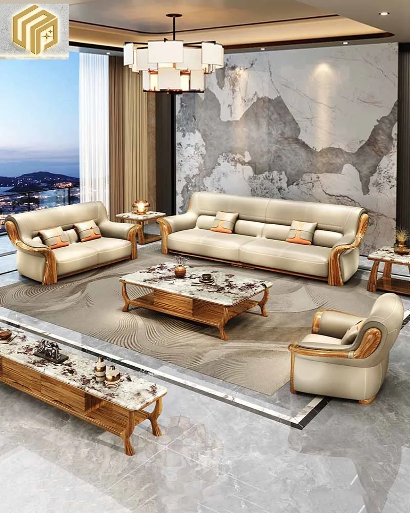 

New Chinese style leather sofa, modern and simple Nordic solid wood size unit, European style living room and villa combination