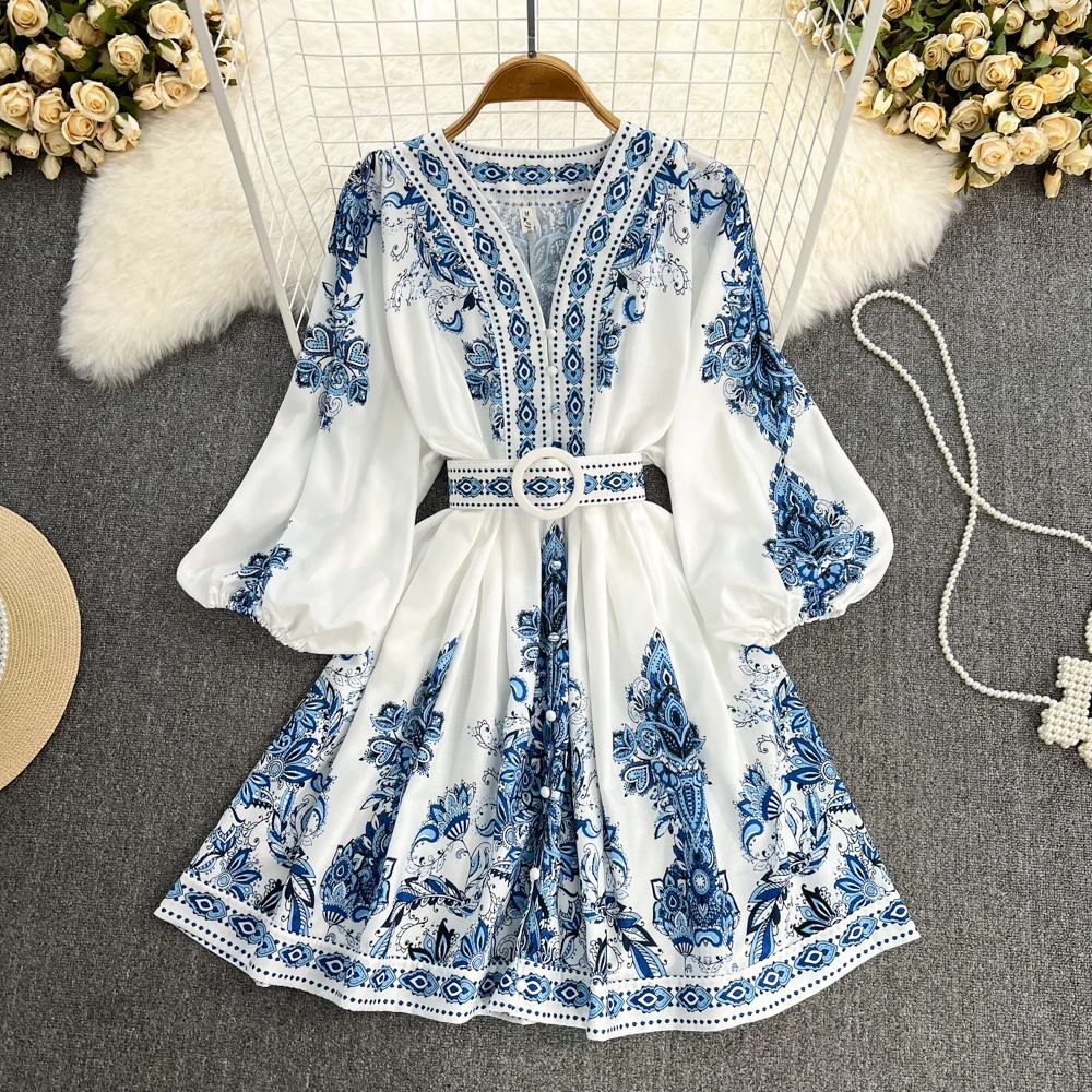 Spring Autumn Commute Retro Court Style Positioning Print Lantern Sleeve V-neck Waist Cinching Slim Single Button A-line Dress