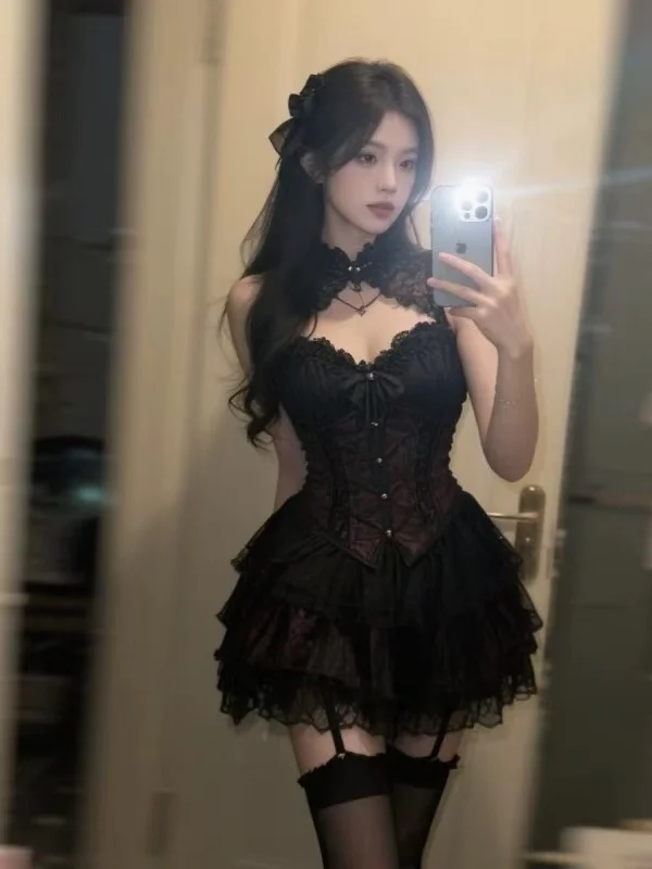 

Sexy Dark Style Lace Trim Slim Fit Top And Puffy Half Skirt Two Piece Set for Women Short Sleeve V Neck Summer Fashion Outfit