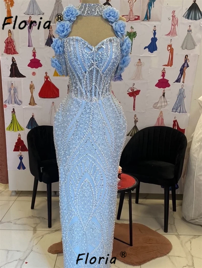 Woman Blue Mermaid Formal Evening Dresses Beaded  3D Appliques Flower Wedding Party Gown Celebrity Ceremony Prom Robe de soiree