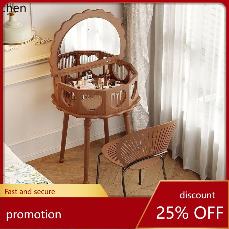 ZML Solid Wood Makeup Table Vintage Round Table Rotatable Floor Makeup Table Flip Cover Small Apartment