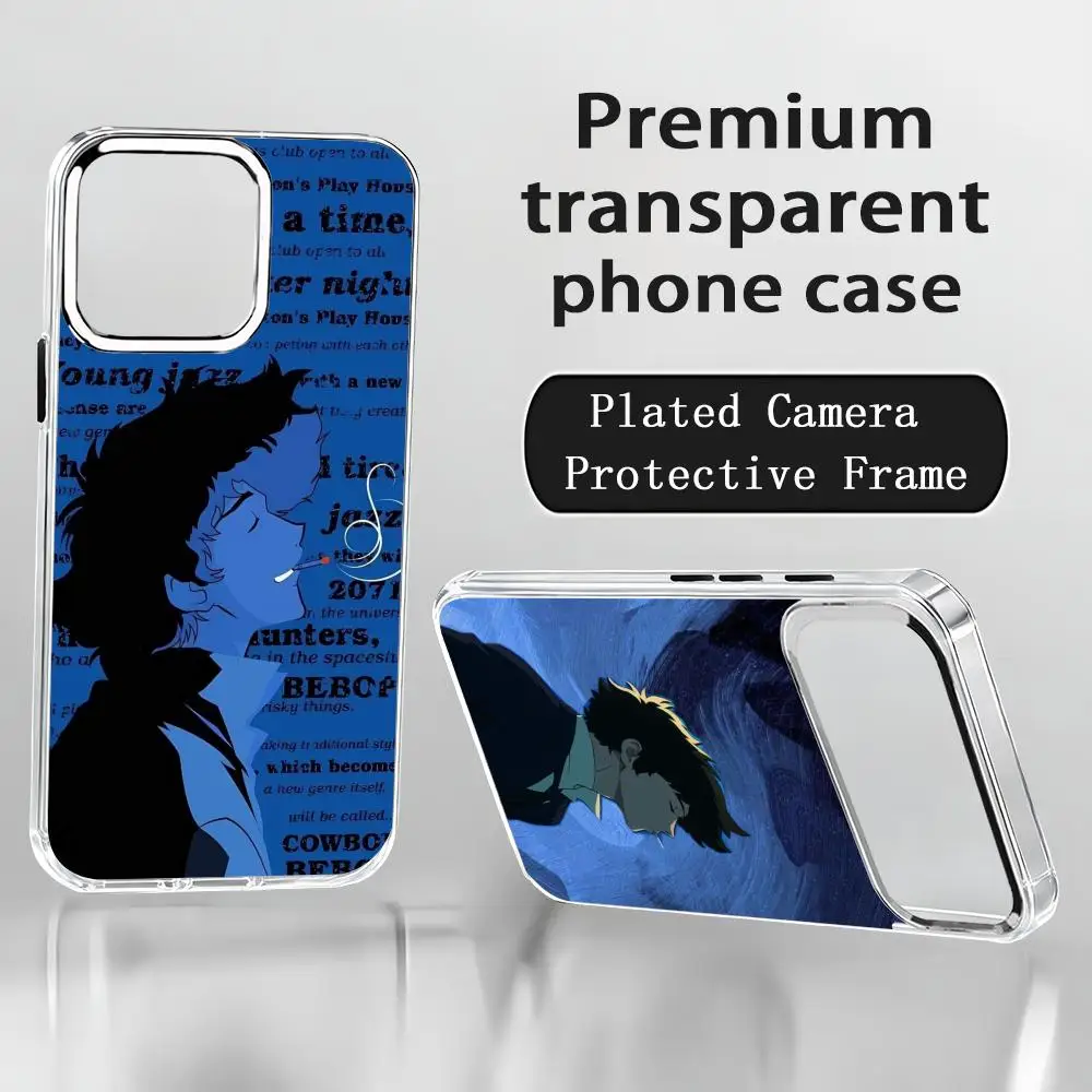 Мультяшный чехол C-Cowboy Bebop для iPhone 17 Air 16 15 14 13 12 11 Pro Max Plus с хромированными кнопками и прозрачным кольцом для камеры