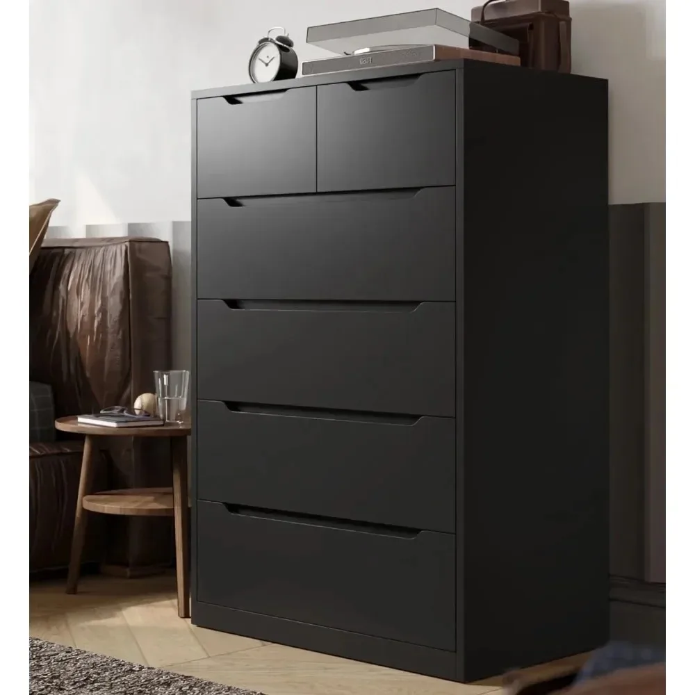 

Black Tall Dresser, Wooden 6 Drawer Dresser, Large Dresser with Sleek Metal Rails, Modern Storage Cabinet