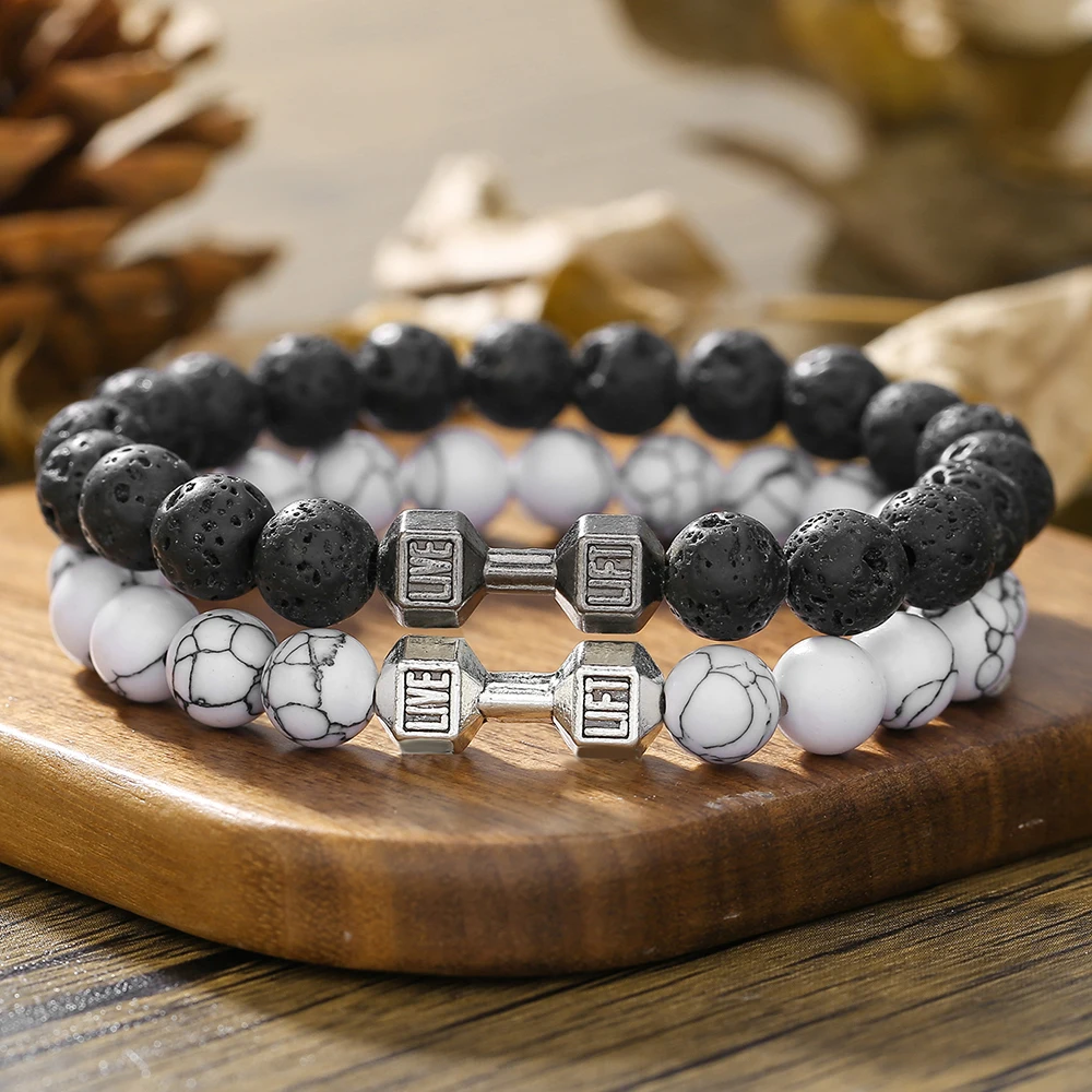 New In Beaded Bracelet Volcanic Stone White Turpentine Dumbbell Hand String Man Jewelry Natural Stone Hand Bracelet Jewelry Set