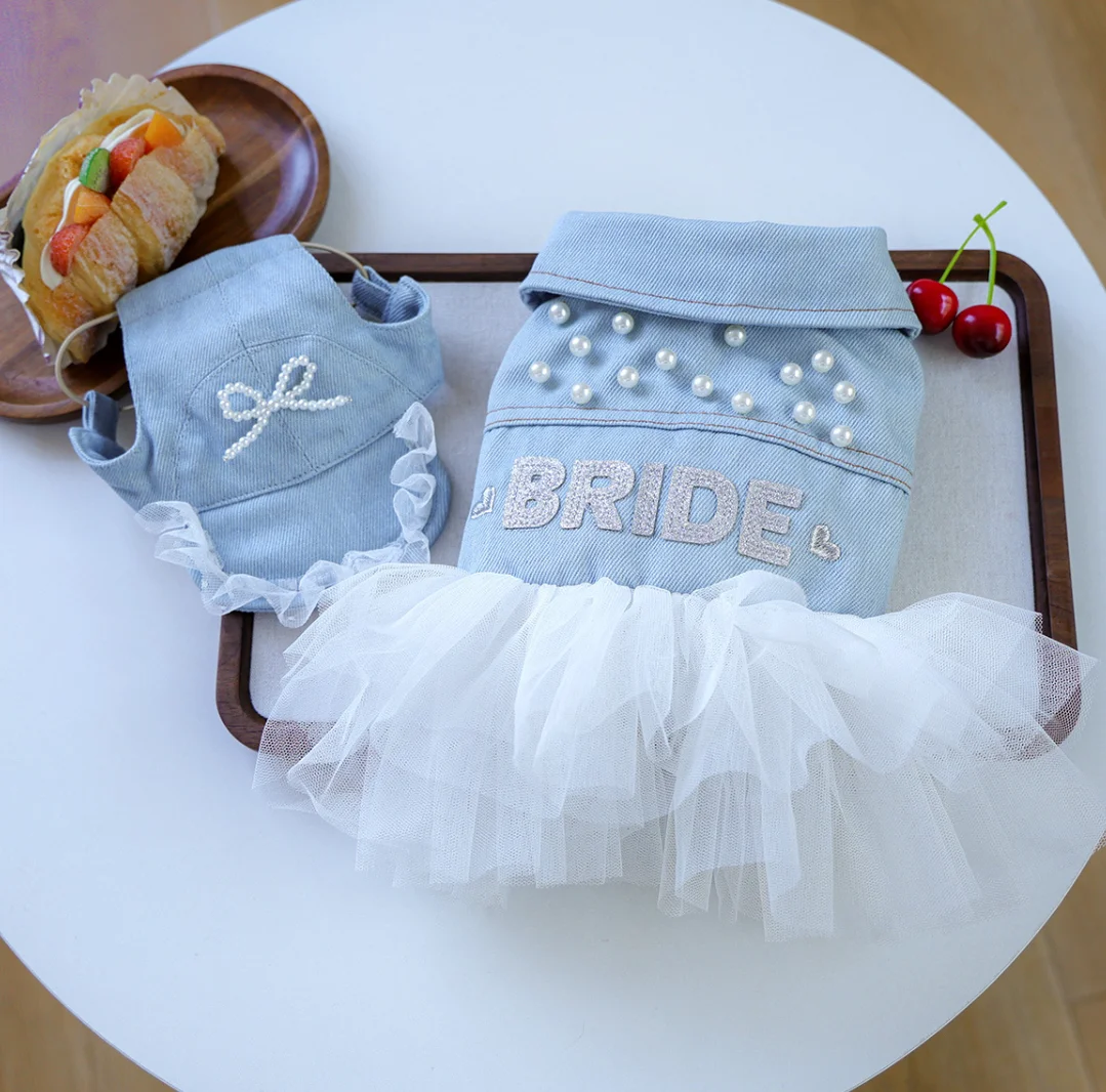 

Pearl Bride Denim Pet Dress for Small Dogs, 2026 New Arrival Wedding Puppy Outfit with Lace Tulle, Elegant Dog Clothes