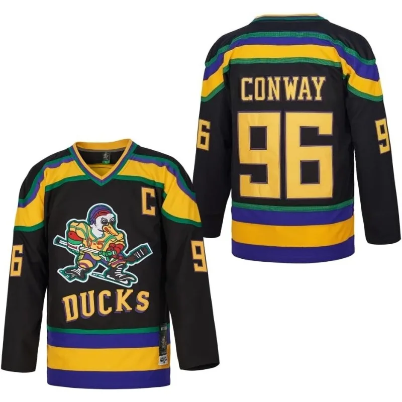 Unisex Retro Ice Hockey Fan Jersey 3D‑Print Conway 96 Ducks‑Inspired Colorful Striped V‑Neck Breathable Long‑Sleeve Sports Top
